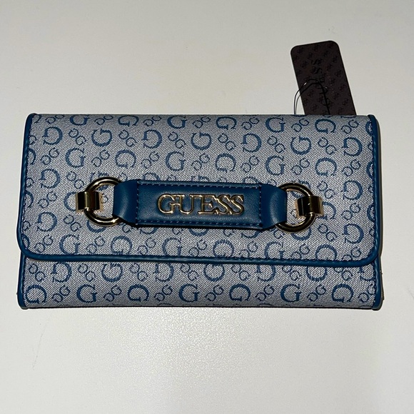 Guess Handbags - Guess Monogrammed Clutch Wallet In A Blue Denim Inspired Look
